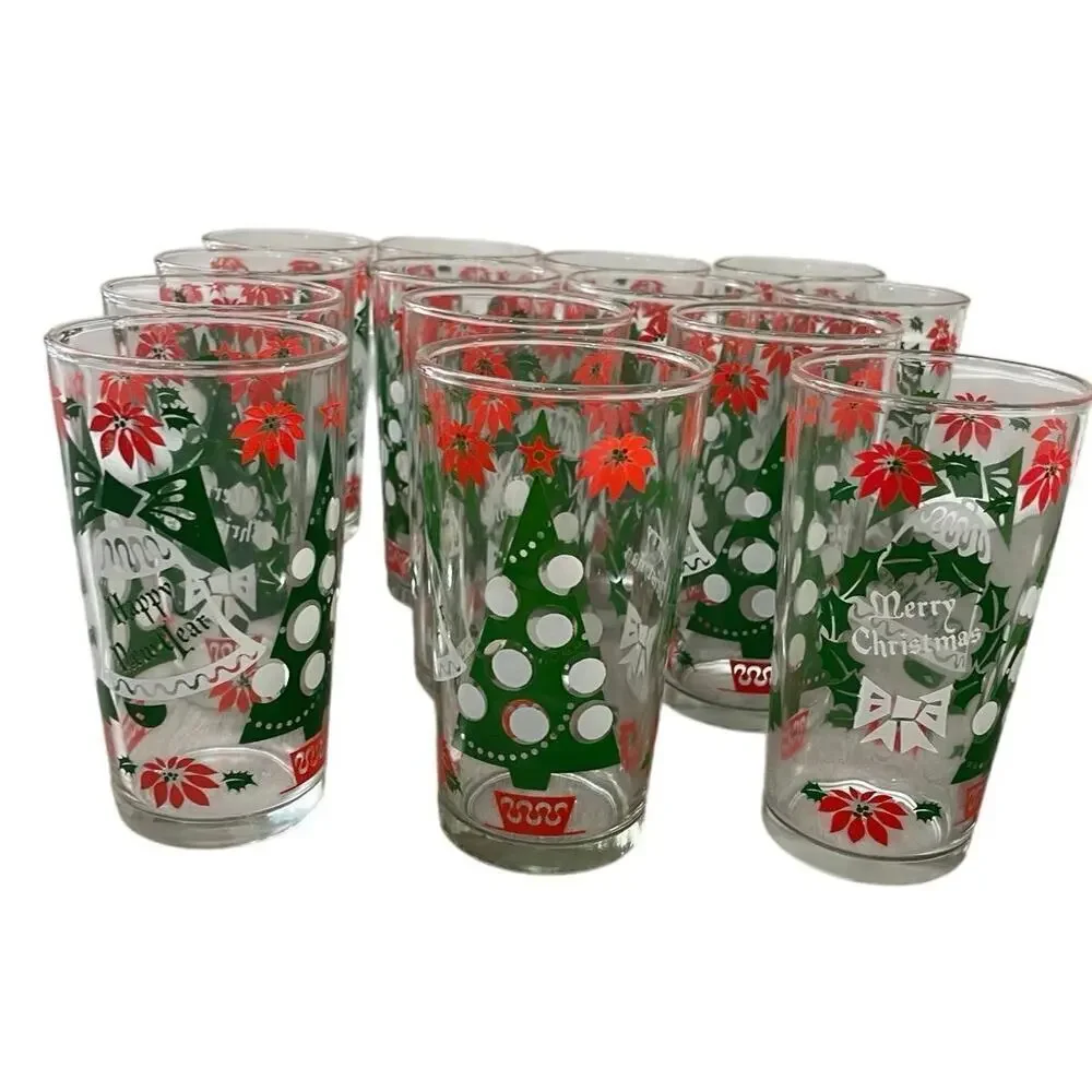 VINTAGE HAZEL ATLAS GLASSES SET OF 14 HOLIDAYS CHRISTMAS WREATH HOLLY BERRY RARE